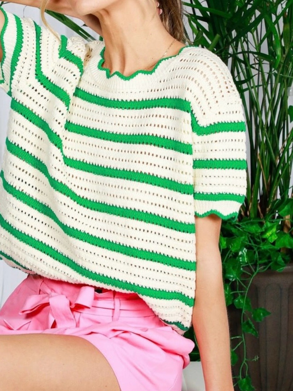 Striped Crochet Short-Sleeve Light Sweater